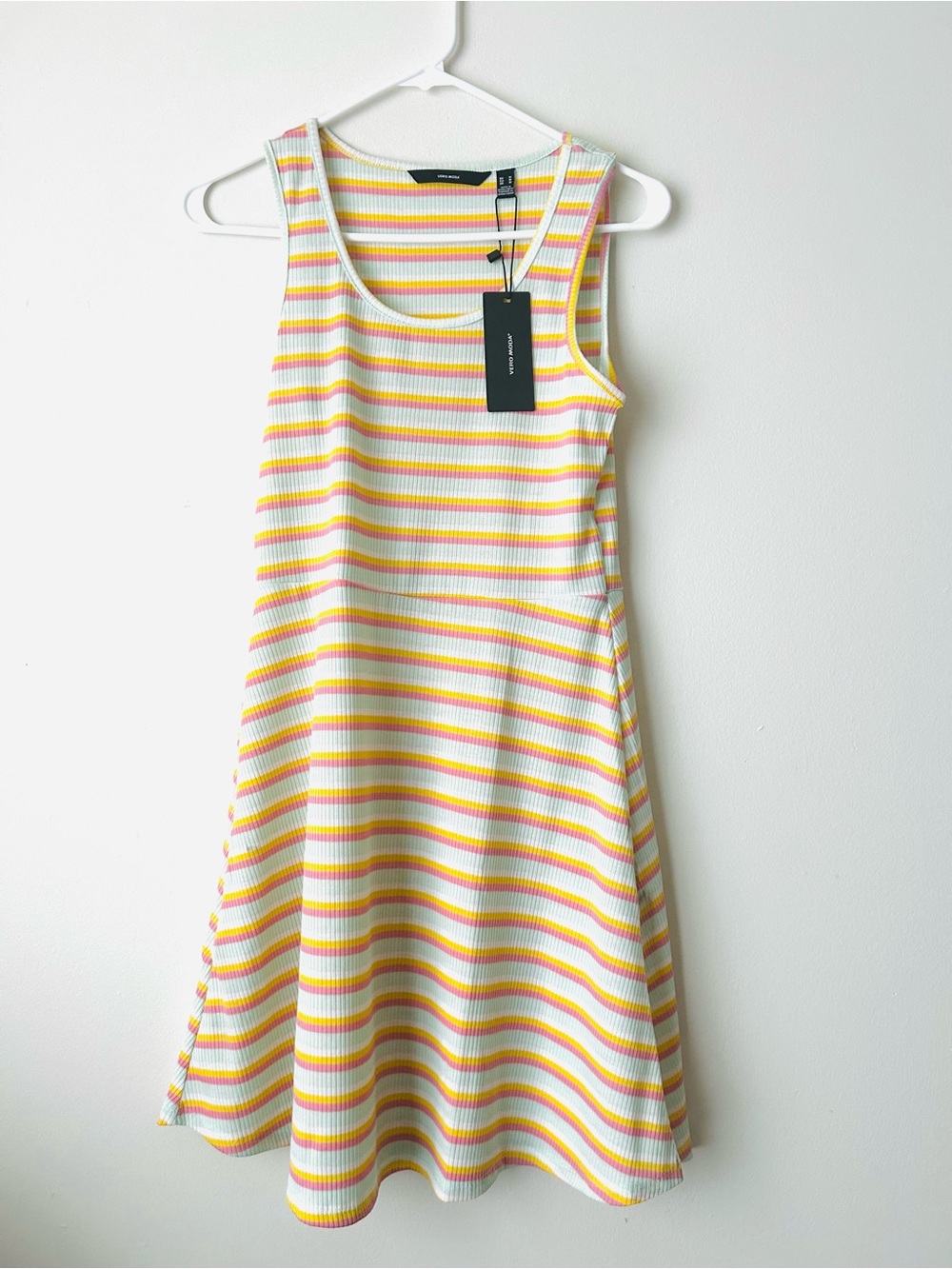 Vero Moda Ribbed Stripe Tank Dress in White, Yellow & Pink - Picture 1 of 7